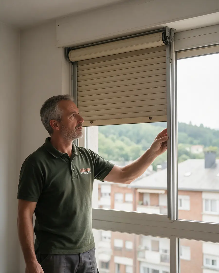 Técnico de PEYMOSA revisando la guía de una persiana en un piso de Llodio